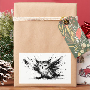 Angry Owl Explosive Ink Brushstroke Bird Design on Rectangular Sticker