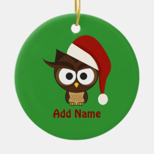Angry Owl wearing Santa Hat Ceramic Tree Decoration