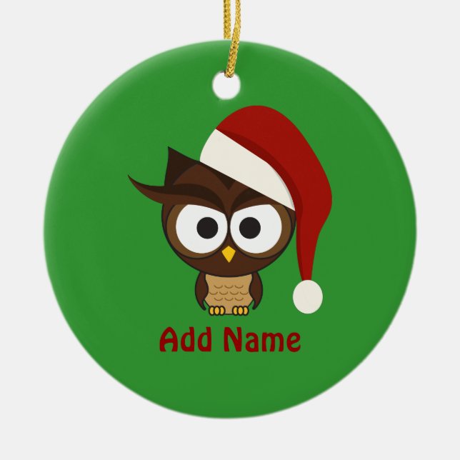 Angry Owl wearing Santa Hat Ceramic Tree Decoration (Front)