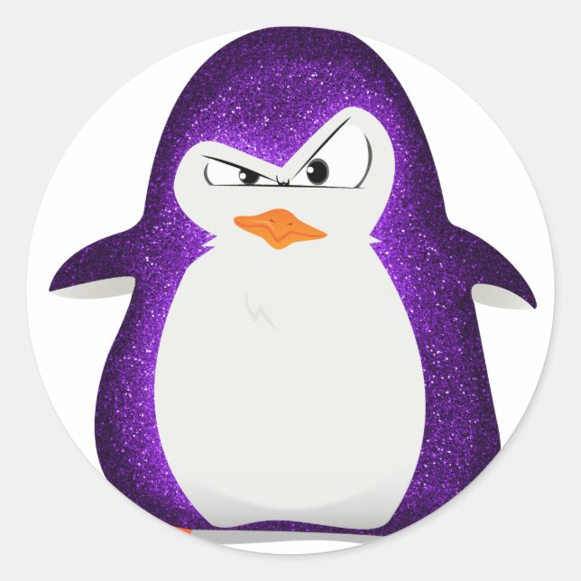 Angry Penguin Purple Glitter Photo Print Classic Round Sticker (Front)