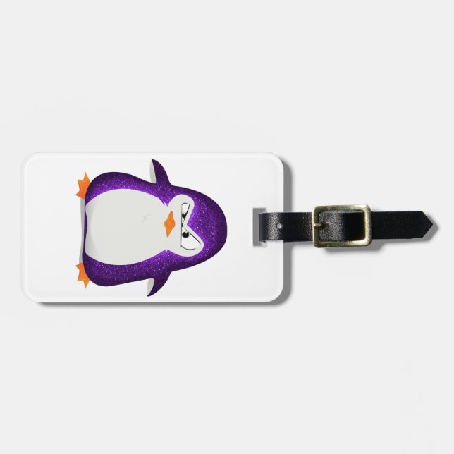 Angry Penguin Purple Glitter Photo Print Luggage Tag (Front Horizontal)