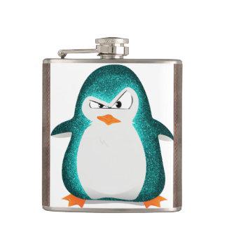 Angry Penguin Teal Glitter Photo Print Hip Flask