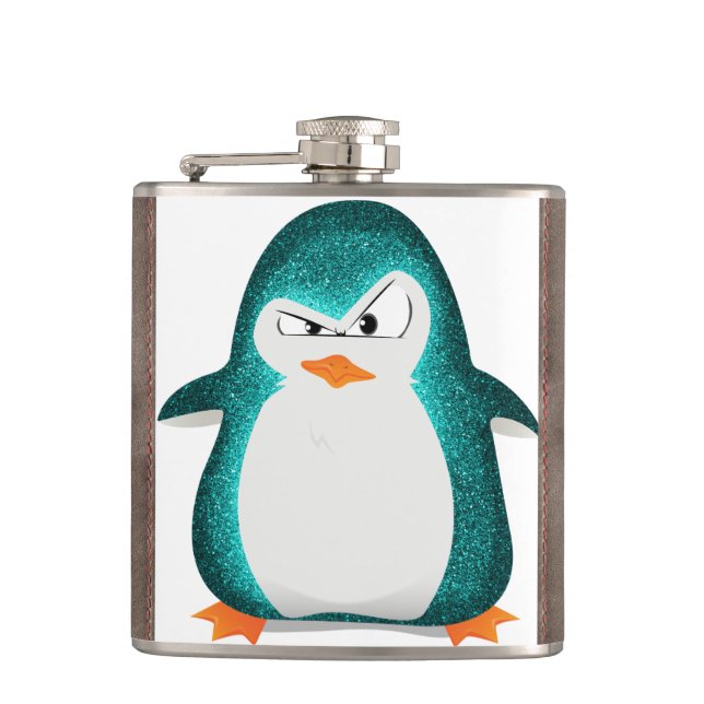 Angry Penguin Teal Glitter Photo Print Hip Flask (Front)