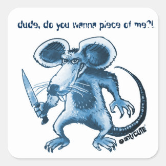 angry rat with knife blue square sticker