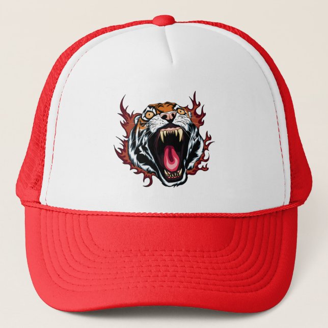 Angry Roaring Tiger Face Trucker Hat (Front)