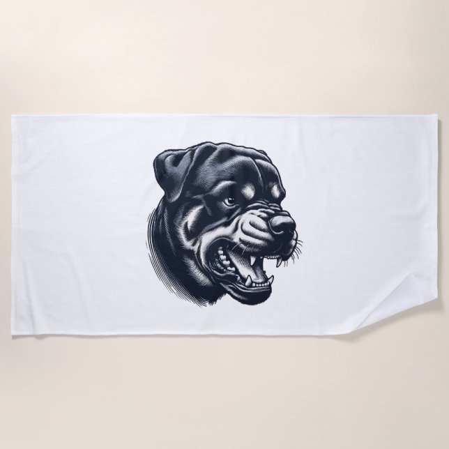 Angry Rottweiler Dog – Bold Guard Dog Artwork Beach Towel (Front)