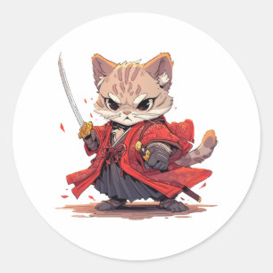 Angry Samurai style Cat Hero Classic Round Sticker