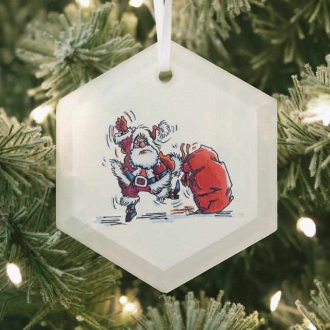 Angry Santa hexagon glass ornament (Insitu)