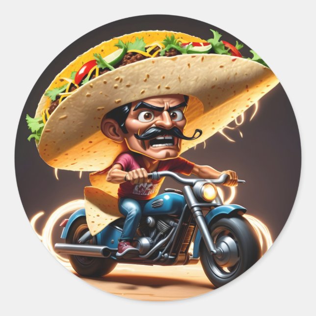 Angry taco biker cartoon character classic round sticker (Front)