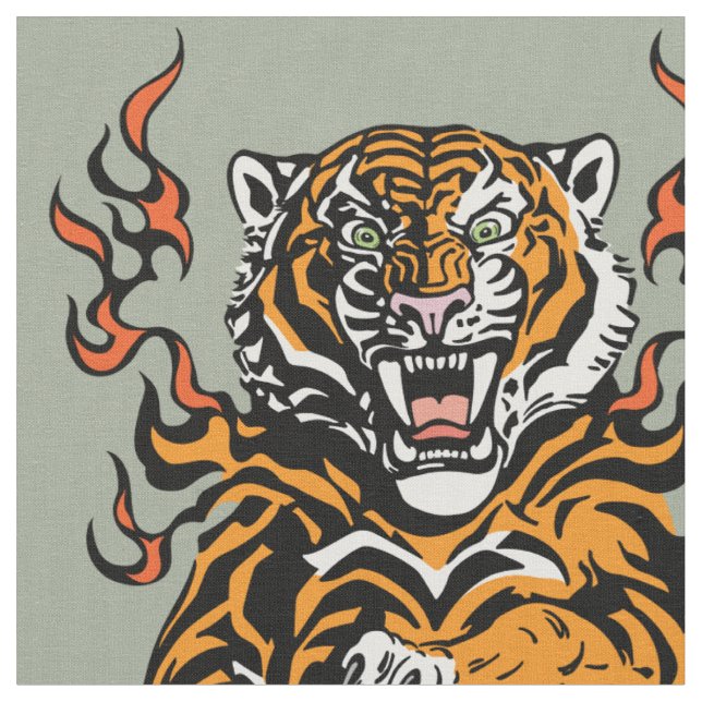 Angry tiger in tongues of flame fabric (Close Up)