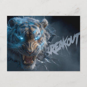 Angry Tiger with Glowing Blue Eyes Breaking Out Postcard