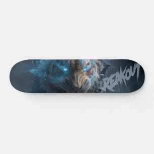 Angry Tiger with Glowing Blue Eyes Breaking Out Skateboard
