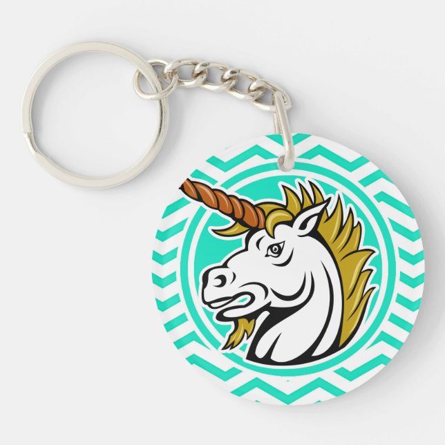 Angry Unicorn; Aqua Green Chevron Key Ring (Front)