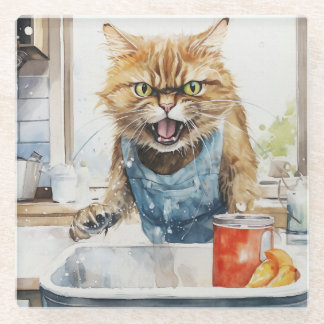 ANGRY WATERCOLOR ORANGE TABBY IN KITCHEN GLASS COASTER