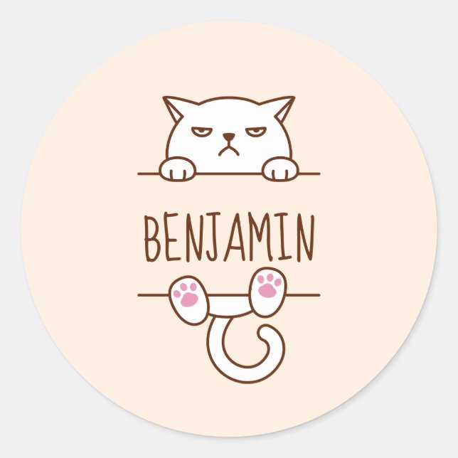 Angry White Cat Beige Custom Name Classic Round Sticker (Front)