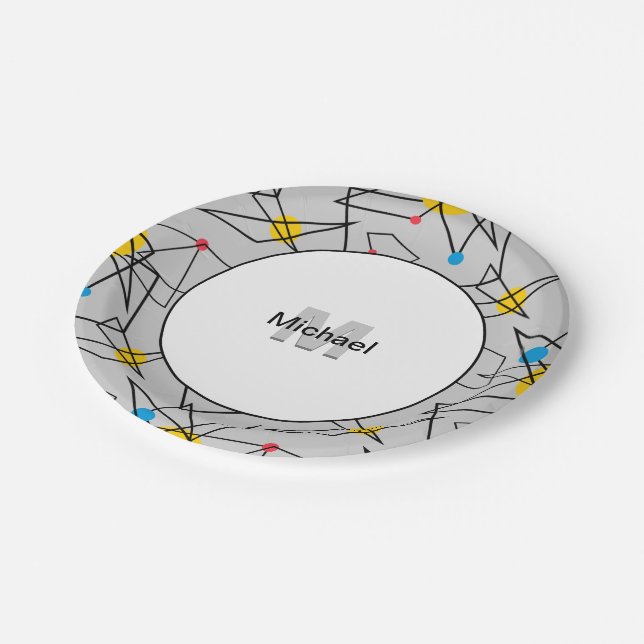 Angular Geometric Retro Pattern Monogrammed Paper Plate (Angled)