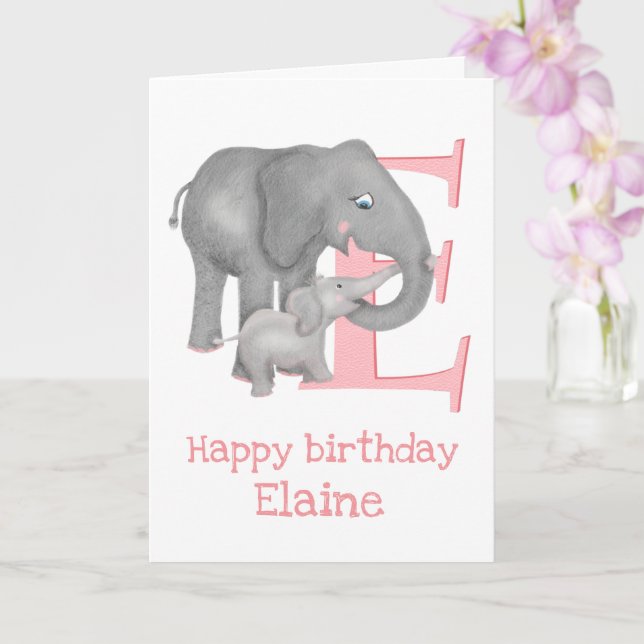 Animal ABC E is for elephant birthday card (Orchid)