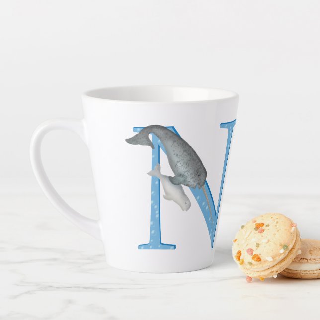 Animal ABC N is for narwhal latte mug (In Situ)