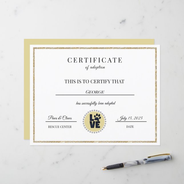 Animal Adoption Certificate (Front/Back In Situ)