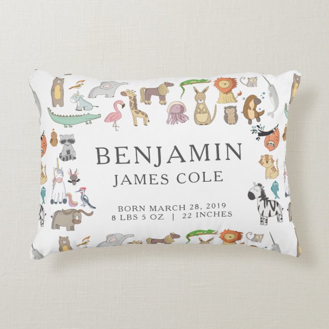 Animal Alphabet | Nursery Birth Stats Pillow (Front)