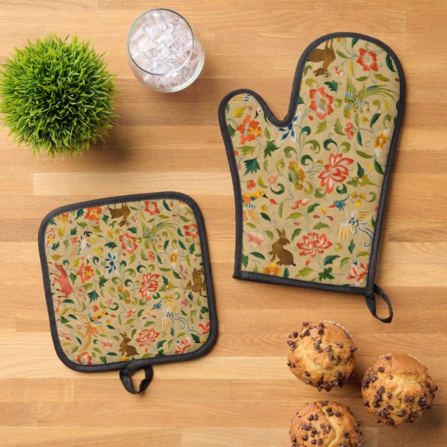 Animal Antique Horse Bird Deer Rabbit Oven Mitt & Pot Holder Set (Top Down)