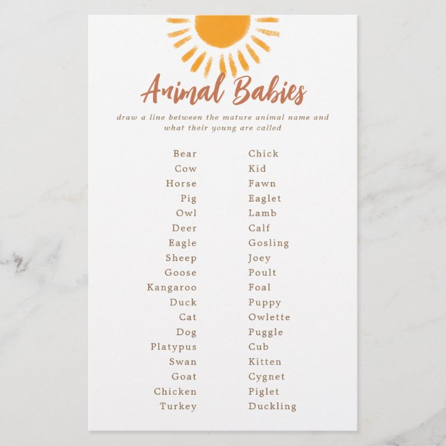 Animal Babies Matching Shower Game Stationery (Front)