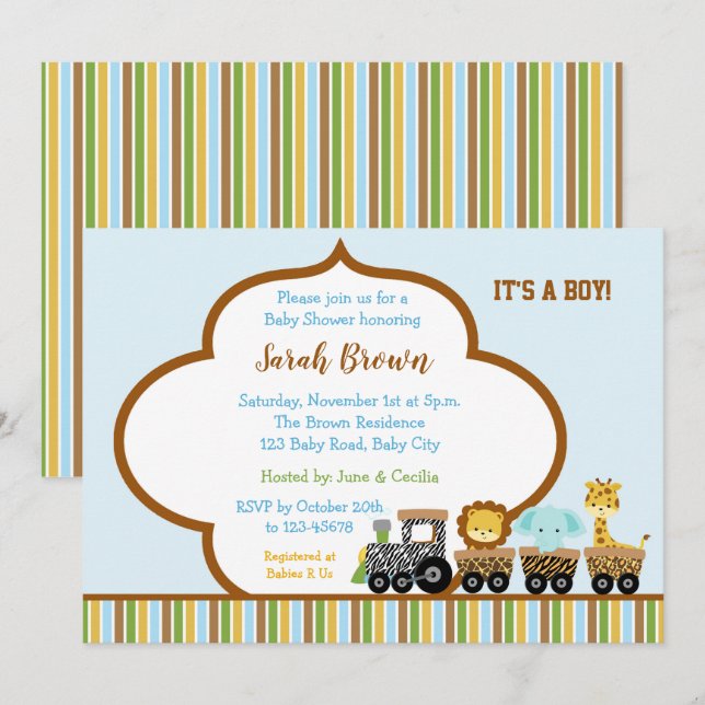 Animal Baby Boy Shower Invitations (Train) Prints (Front/Back)