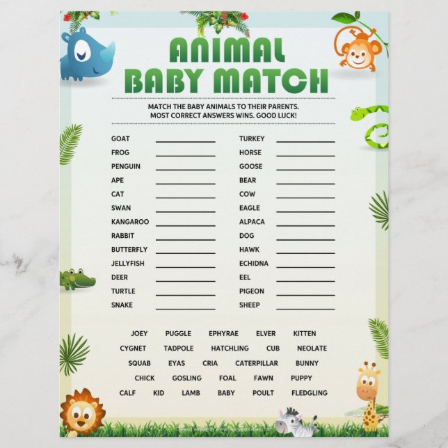 Animal Baby Match Baby Shower Game [Animal Theme]  Custom Letterhead (Front)