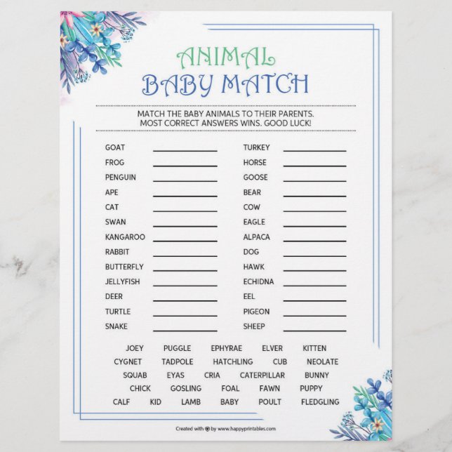 Animal Baby Match [Blue Floral Theme] Custom Letterhead (Front)