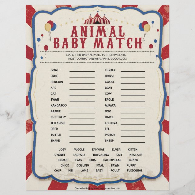 Animal Baby Match [Circus Theme] Custom Letterhead (Front)