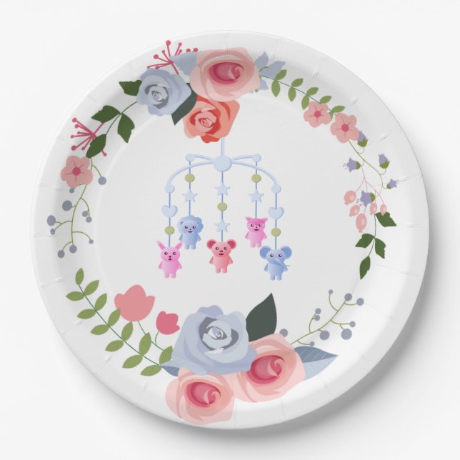 Animal Baby Mobile Floral Baby Shower Paper Plate (Front)