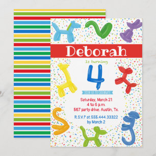 Animal balloons 4th birthday invitation