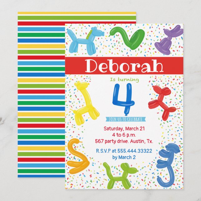 Animal balloons 4th birthday invitation (Front/Back)