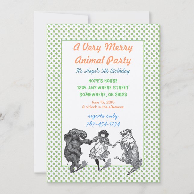 Animal Birthday Party Invitation Green Dot Border (Front)