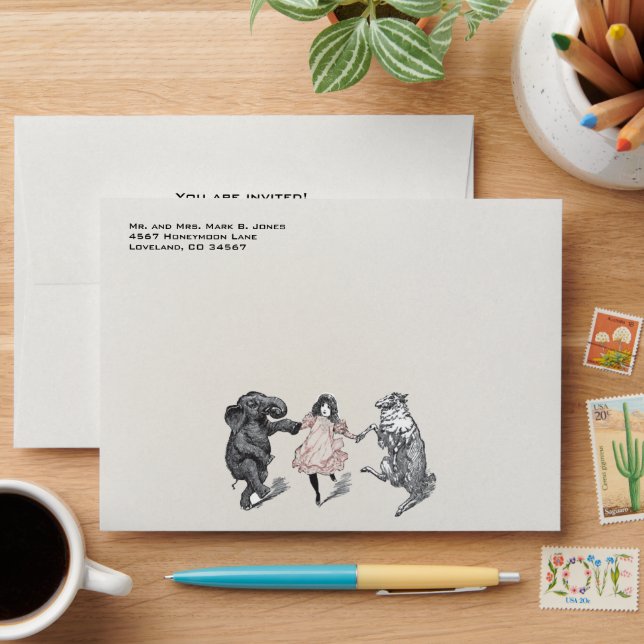 Animal Birthday Party Invitation Green Dot Border Envelopes (Desk)