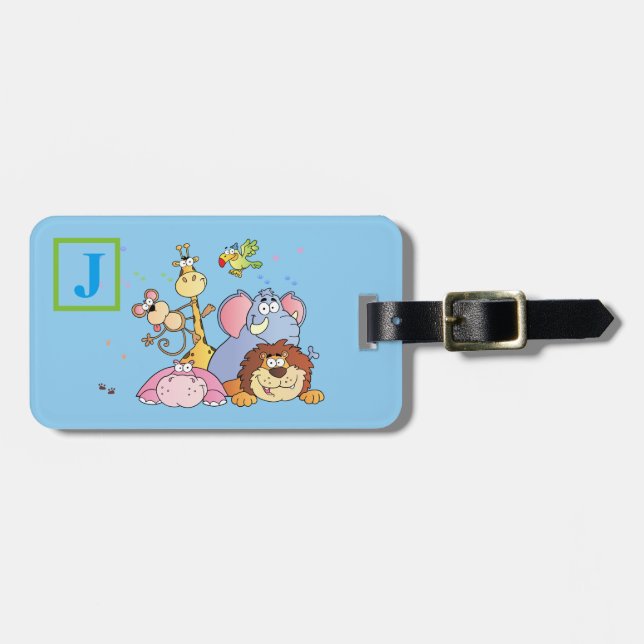 Animal Blue Luggage Tag with Initial (Front Horizontal)