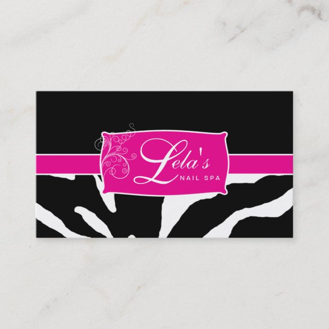Animal Business Card Zebra Nail Salon Swirl Pink (Front)