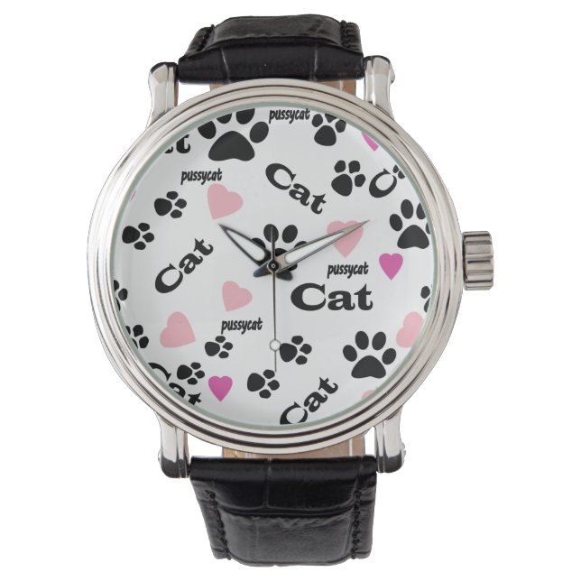 Animal cat paw track feet seamless white black pin watch (Front)