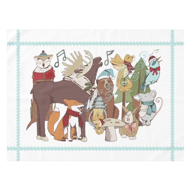 Animal Christmas Carolers White Holiday Tablecloth (Front (Horizontal))
