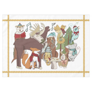 Animal Christmas Caroller White Holiday Tablecloth