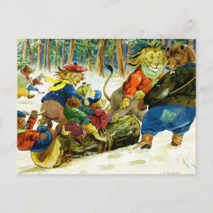 Animal Christmas - Getting the Yule Log Holiday Postcard