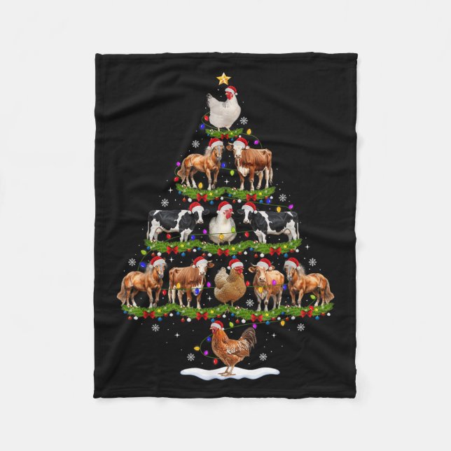Animal Christmas Tree Lights Chicken Cow Goat Farm Fleece Blanket (Front)