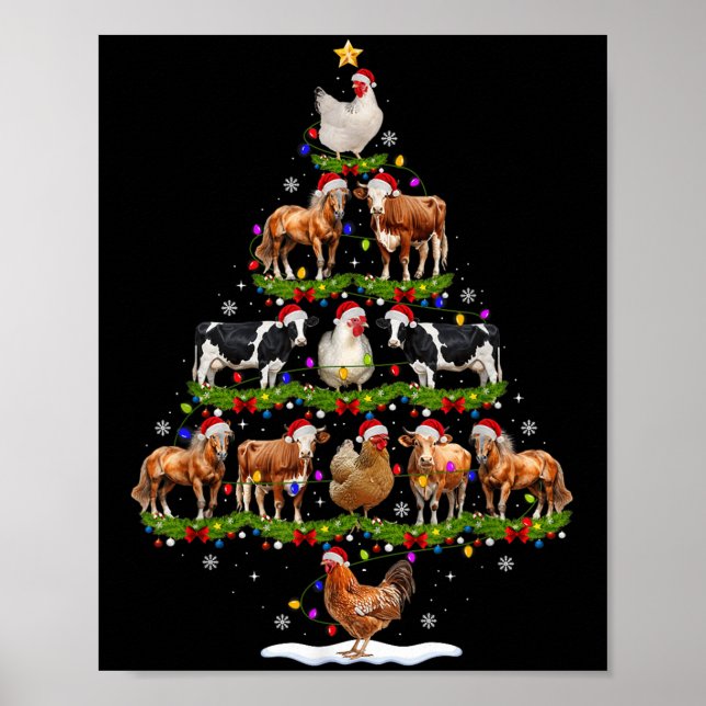 Animal Christmas Tree Lights Chicken Cow Goat Farm Poster (Front)