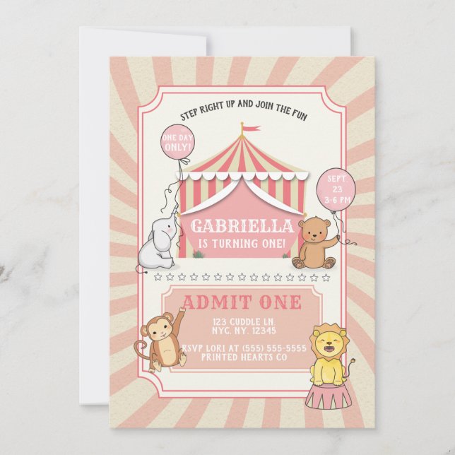 Animal Circus  Birthday Invitation | Vintage Pink (Front)