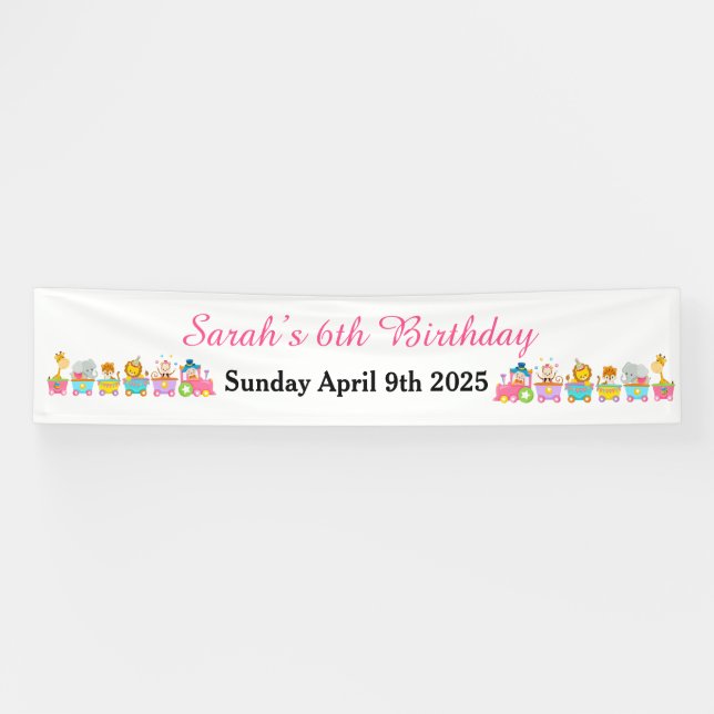 Animal Circus Train Kids Birthday in Pink Banner (Horizontal)