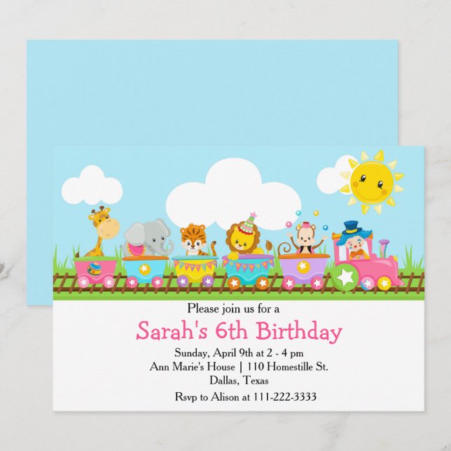 Animal Circus Train Kids Birthday in Pink Invitation (Front/Back)