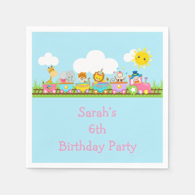 Animal Circus Train Kids Birthday in Pink Napkin (Front)