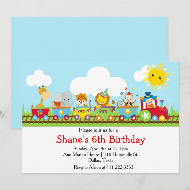 Animal Circus Train Kids Birthday in Red Invitation (Front/Back)