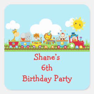 Animal Circus Train Kids Birthday in Red Square Sticker