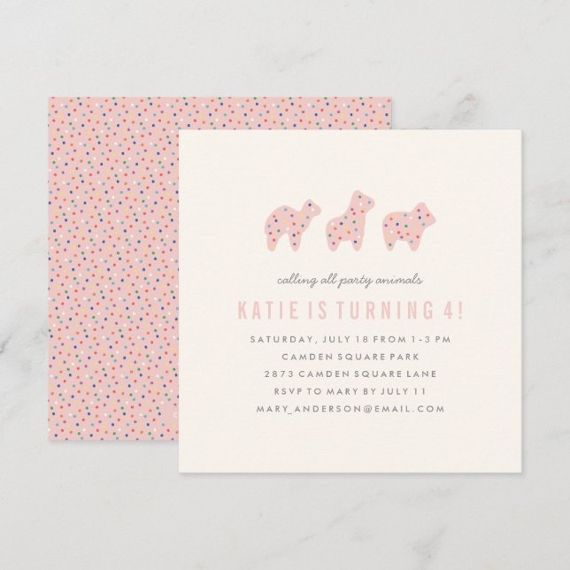Animal Cookie Birthday Invitation - Bubblegum (Front/Back)
